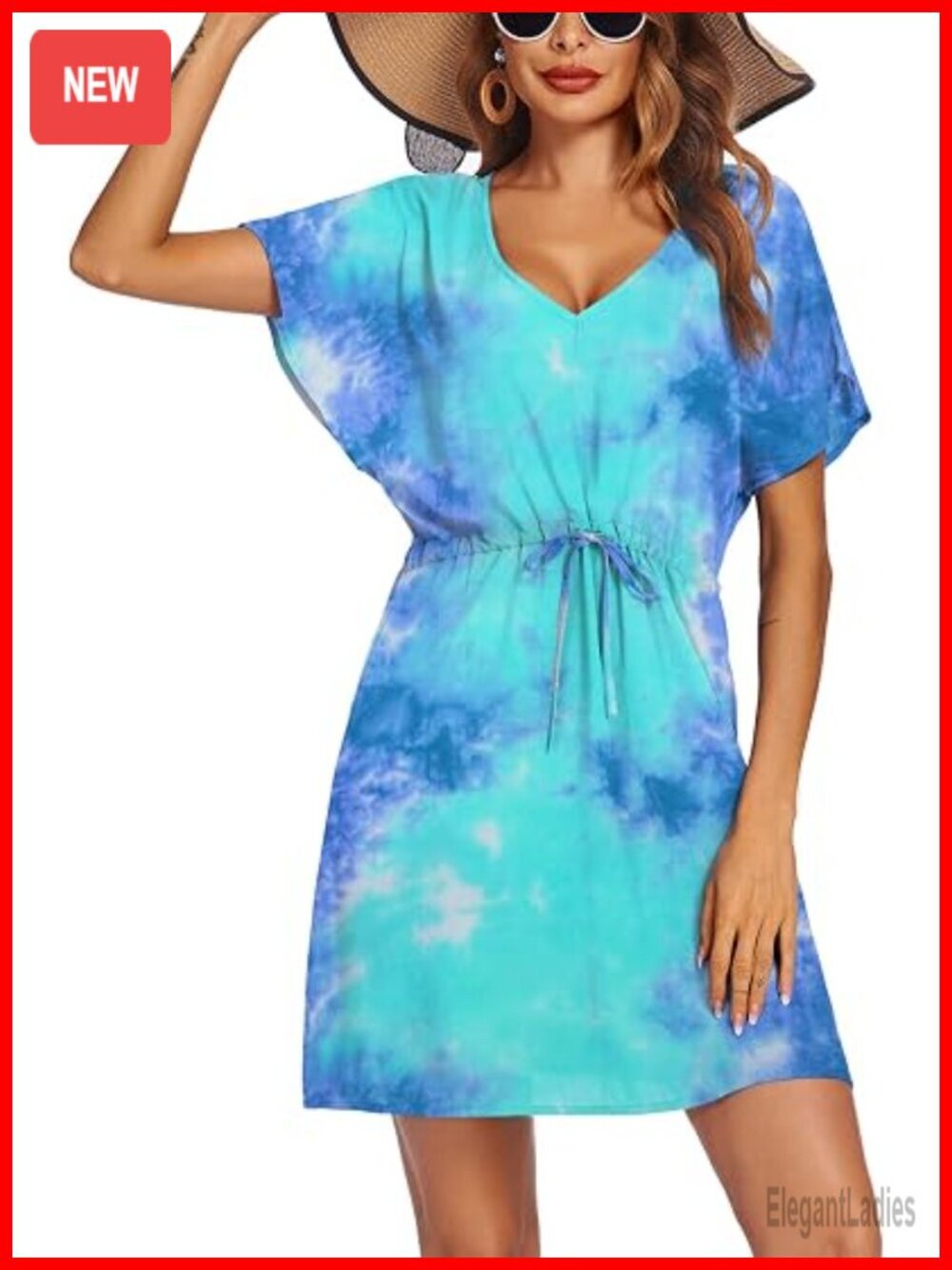 Ekouaer Women's Swimsuit Coverup Short Sleeve Beach Cover Up Dress V-Neck